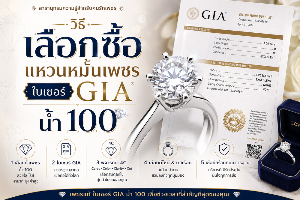 วิธีเลือกซื้อแหวนหมั้นเพชรใบเซอร์ GIA น้ำ 100