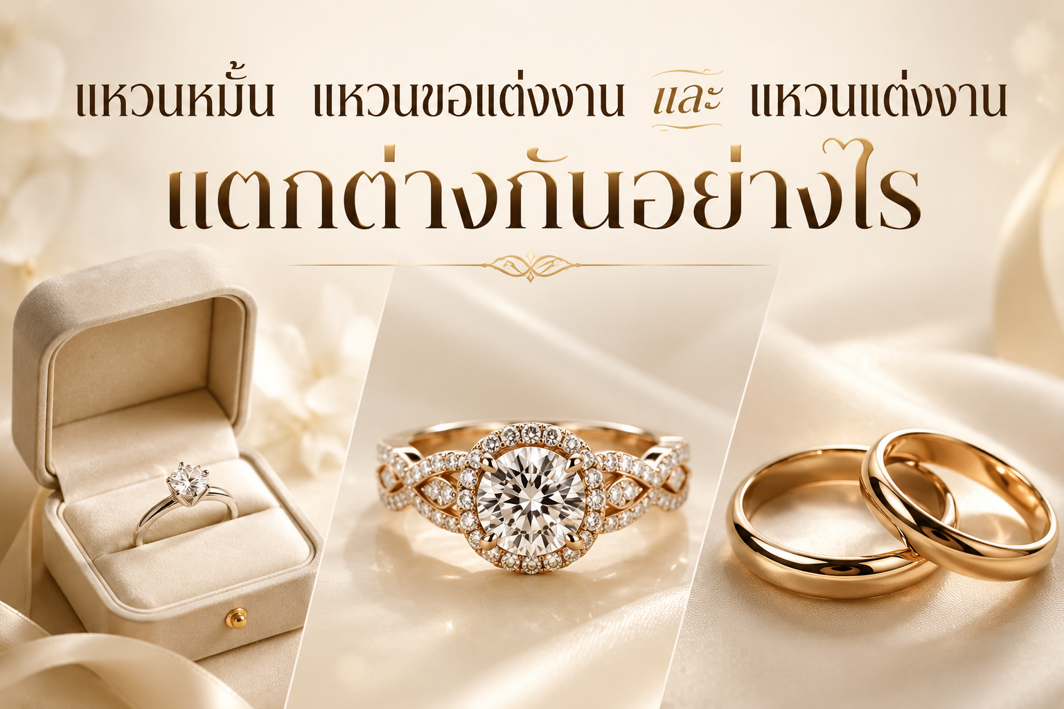 เมื่อพูดถึงการหมั้นและการแต่งงาน เชื่อว่าคู่รักส่วนใหญ่ย่อมต้องคิดถึงเรื่องของแหวนหมั้นมาก่อนอย่างแน่นอน เพราะนอกจากจะเป็นตัวแทนที่สื่อให้เห็นถึงความรักที่มีต่อกันได้เป็นอย่างดีแล้ว คู่รักหลายคู่ก็ยังมีปัญหาเกี่ยวกับการเลือกแหวนหมั้น แหวนขอแต่งงาน และแหวนแต่งงาน ที่อาจจะทำให้รู้สึกอดสงสัยไม่ได้ว่าแหวนทั้ง 3 รูปแบบนี้แตกต่างกันอย่างไร? ต้องใช้แยกออกจากกันหรือใช้แค่วงเดียวก็เพียงพอ ดังนั้น ในบทความนี้เราจึงขอนำเสนอรายละเอียดความแตกต่างของแหวนทั้ง 3 รูปแบบนี้มาแจกแจงให้คุณได้ทราบอย่างชัดเจนยิ่งขึ้น
