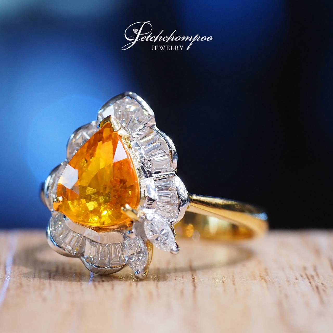 [31065] 2.00 Carat Pear-Shaped Yellow Sapphire Floral Halo Ring with Marquise and Baguette Diamonds  59,000 