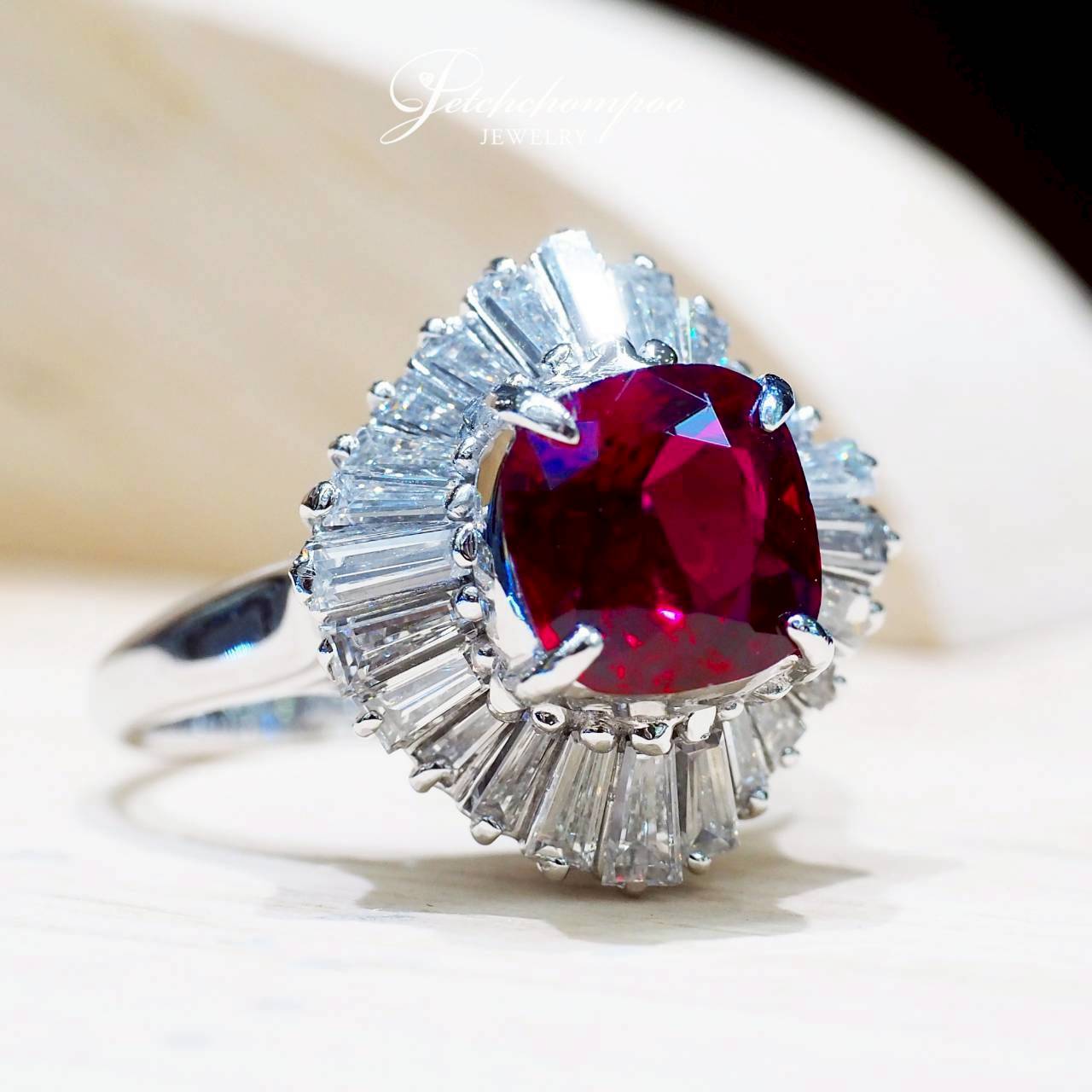 [29373] Royal Flame Halo Siam Ruby Ring, 2.13 carats, surrounded by baguette diamonds | GIA  399,000 