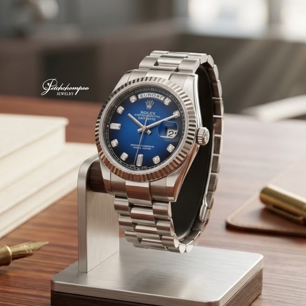 [30345] Rolex daydate ref.118239 รุ่นใหม่ white gold18k 3 จังหวะ หน้าปัดน้ำเงินเพชรเบ้าใหญ่  435,000 