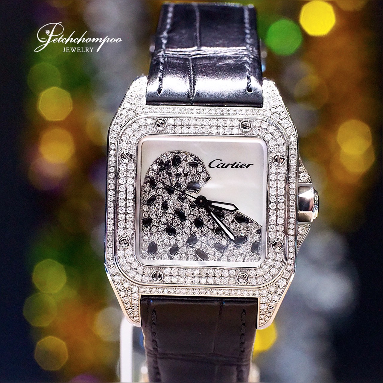 [30029] Cartier Santos 100 Ref.W20106X8  Full Set หน้าหน้าปัดมุกลายเสือดาวฝังเพชร  219,000 