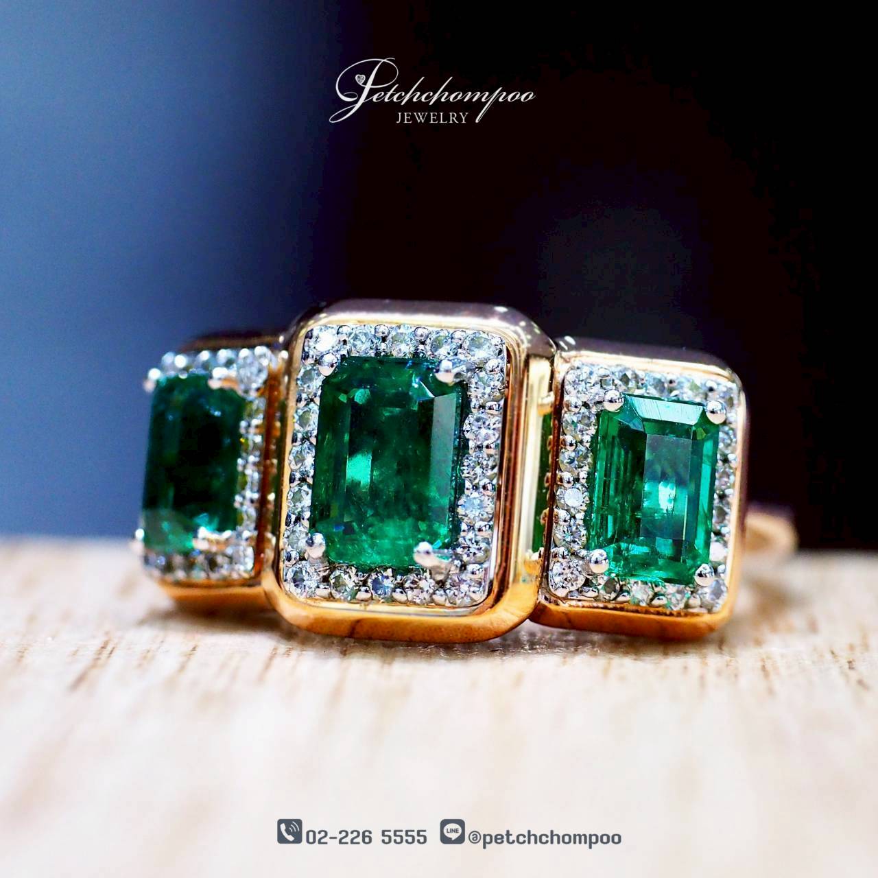 [024500] Zambian Emerald Lineage™ – Triple Emerald Line Ring with Diamond Halo  69,000 
