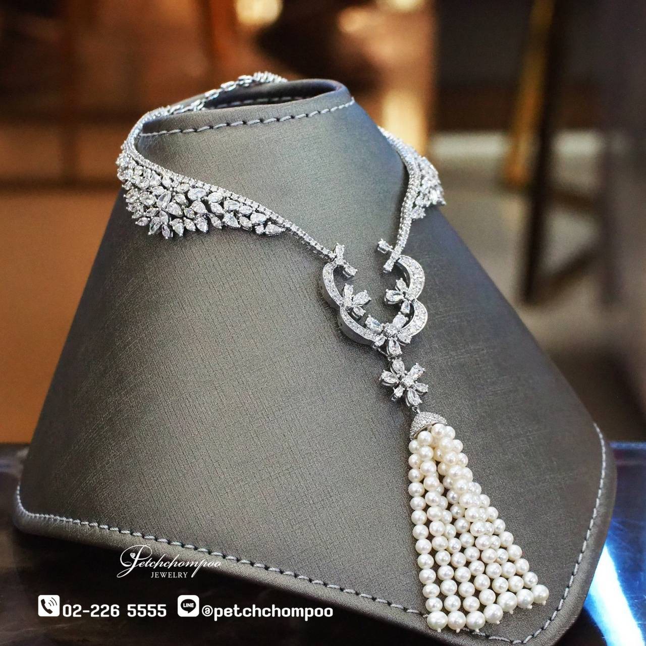 [29715] “Celestial Grace” Diamond & Pearl Tassel Necklace – 17.20 Carats  1,190,000 