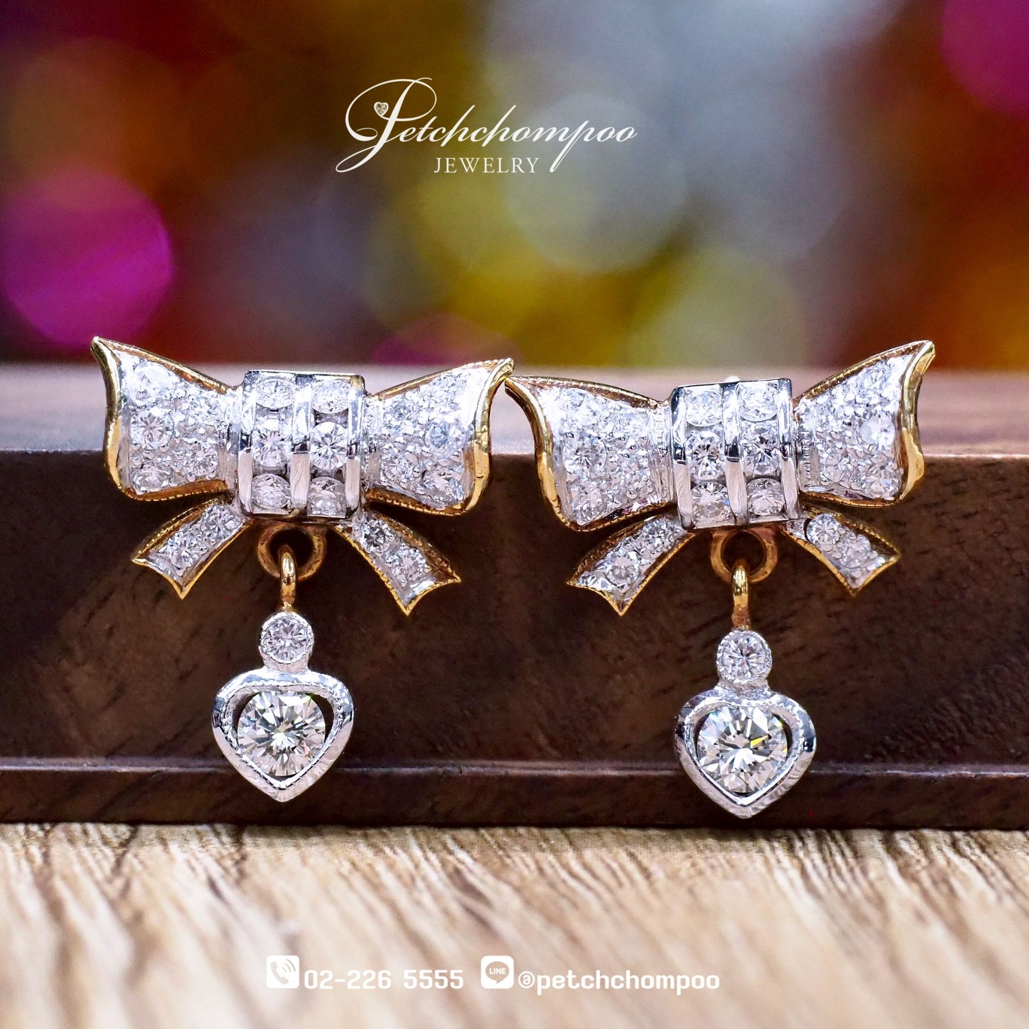 [021469] ต่างหูเพชรโบว์ตุ้งติ้งหัวใจ ลดราคาเหลือ 45,000