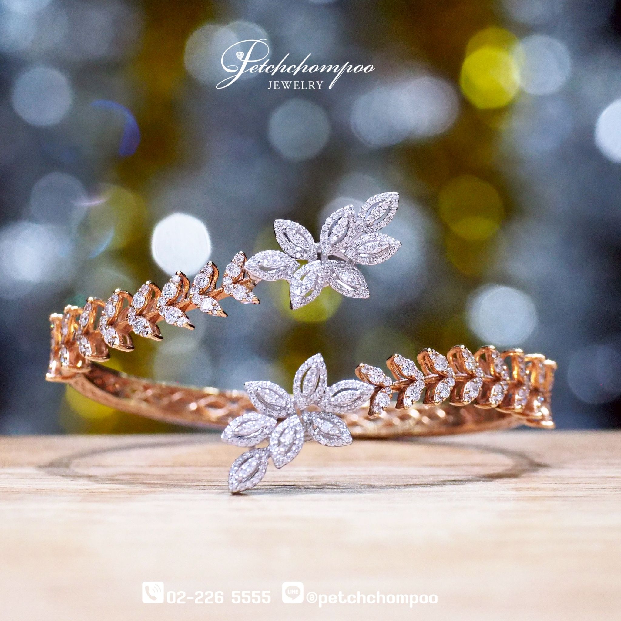 [022003] “Floral Vine™” – 18K Pink Gold Diamond Bangle with Leaf & Flower Motif, 2.38 Carats  139,000 