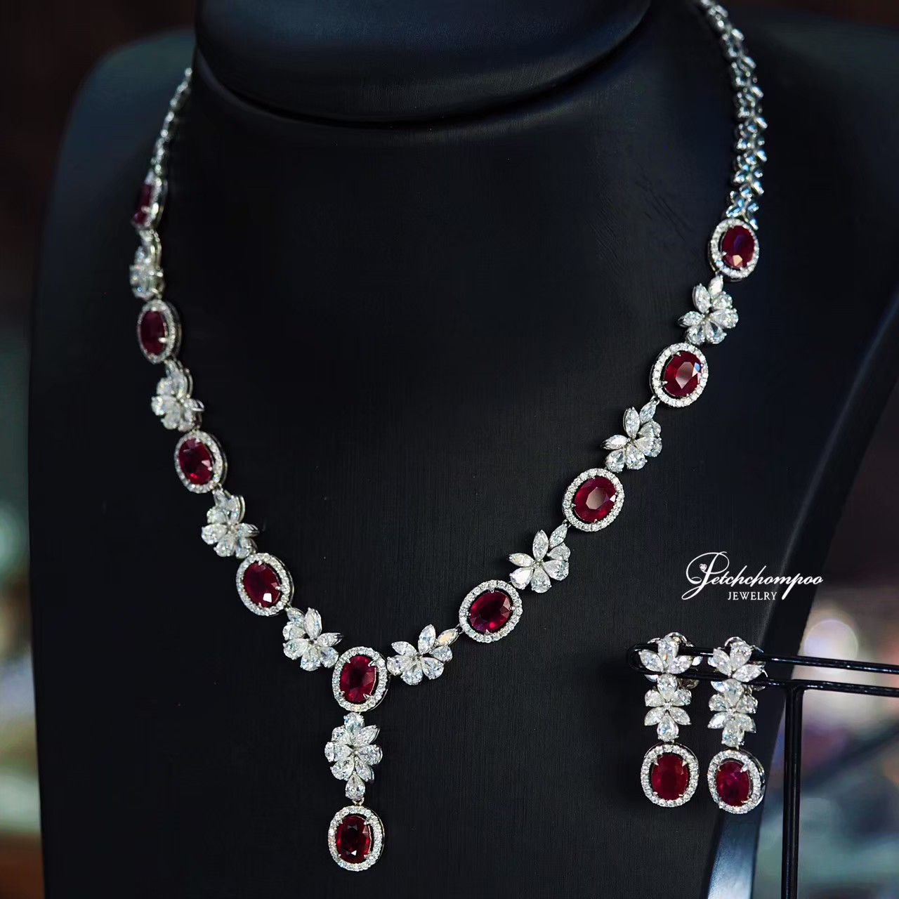[012888] Burma Ruby Necklace & Earrings Set – 21.38 Carats with Diamond Accents  3,990,000 