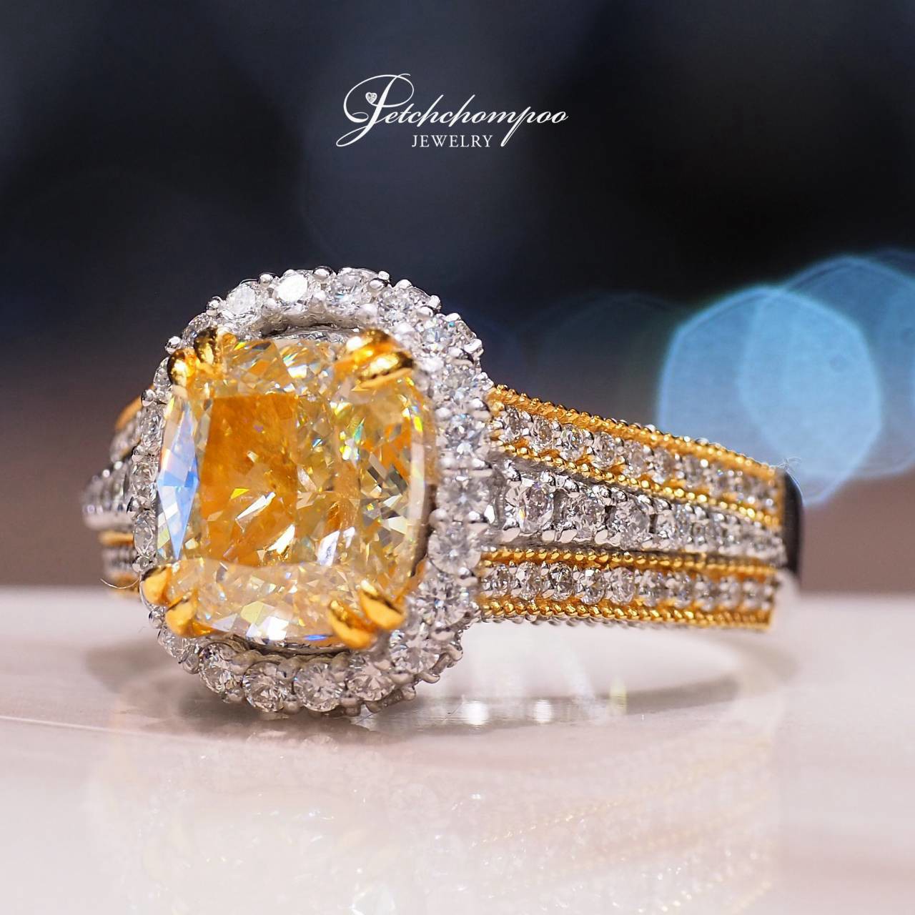 [31153] Soleil Elegance 3.86 Carat Natural Fancy Brownish Greenish Yellow Cushion Cut Diamond Ring  | VS2 GIA Discount 459,000
