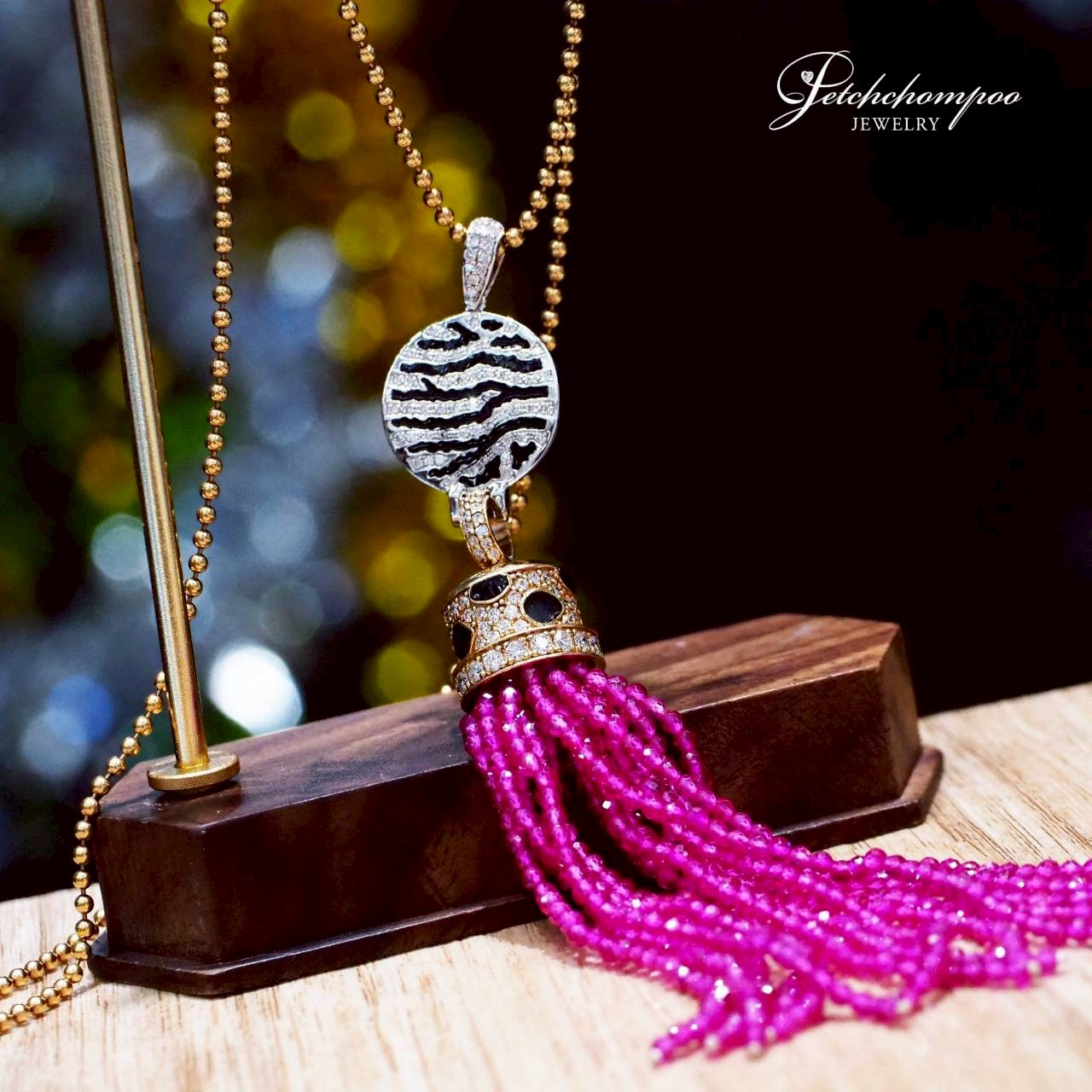 [30117] Wild Tassel Luxe™ — Diamond Panther Pendant with Pink Bead Tassel (1.59 ct)  159,000 