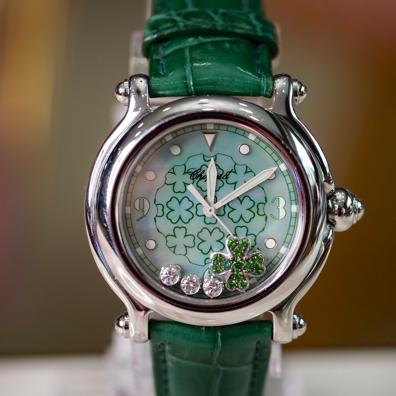 [018068] CHOPARD Happy Sport Diamond Emerald Good Luck Clover Steel Green Ladies Watch  129,000 