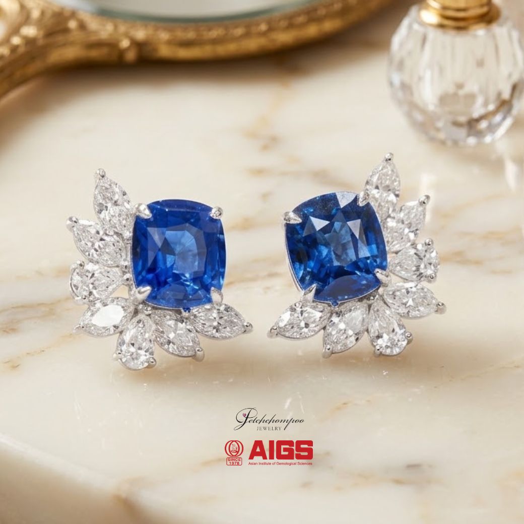 [31027] ต่างหูไพลินน้ำงาม Royal Blue Sapphire น้ำหนักรวม 6.51 กะรัต พร้อมใบรับรองสถาบัน AIGS  499,000 