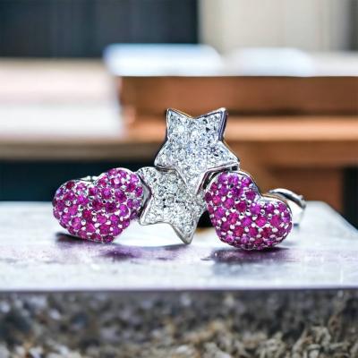 [015344] Double star diamond earrings with heart rubies  29,000 